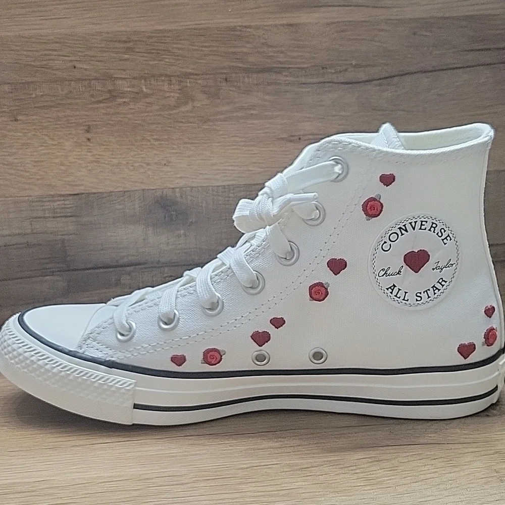 Converse White High-Tops with Red Heart Details